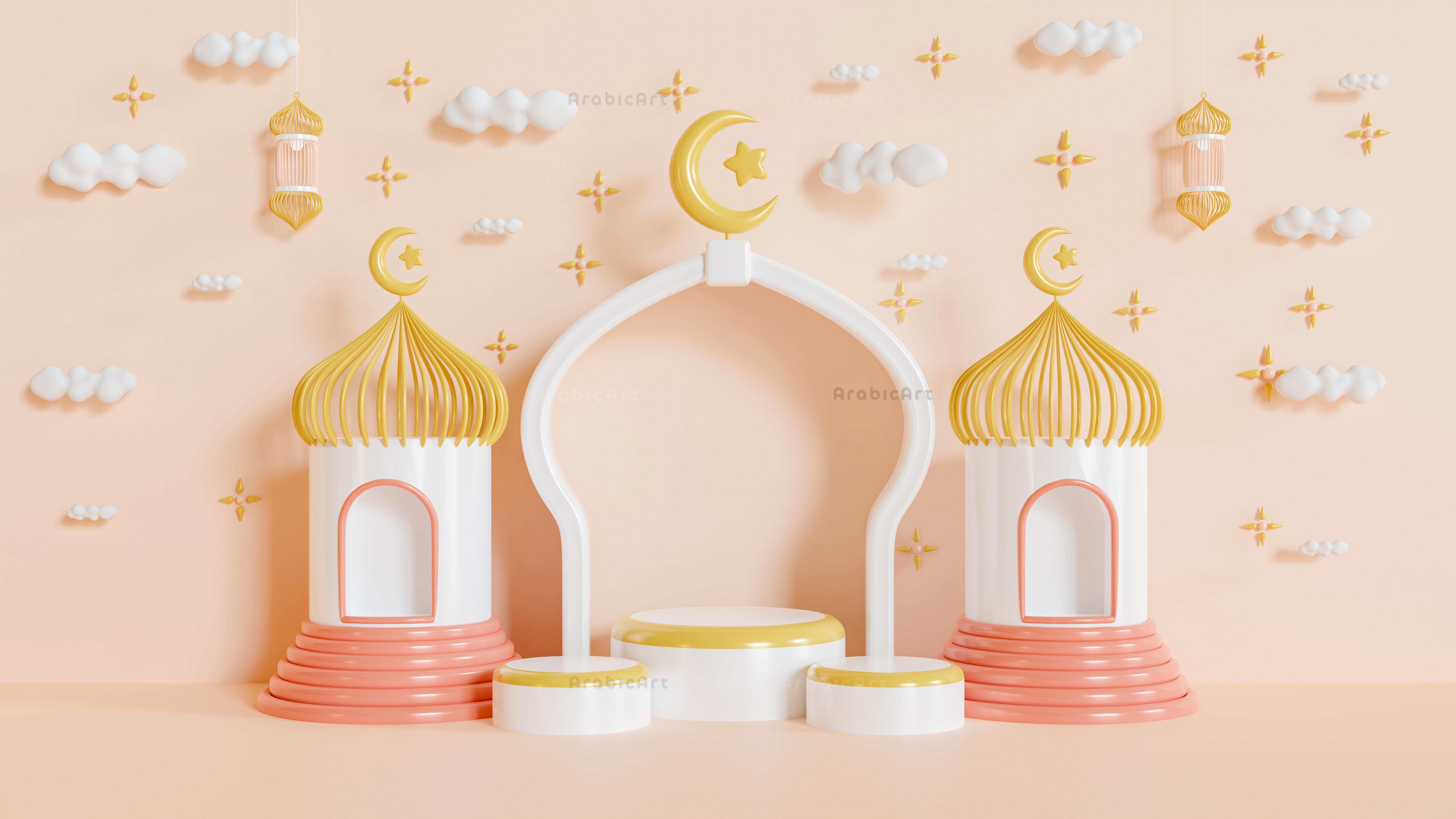 Ramadan kareem islamic greeting background with crescent moon, lantern, star, podium